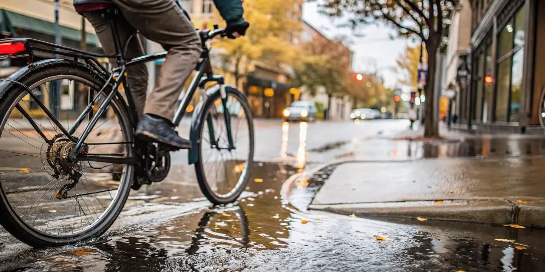 A person on a weather-resistant e-bike riding through puddles on a wet city street.