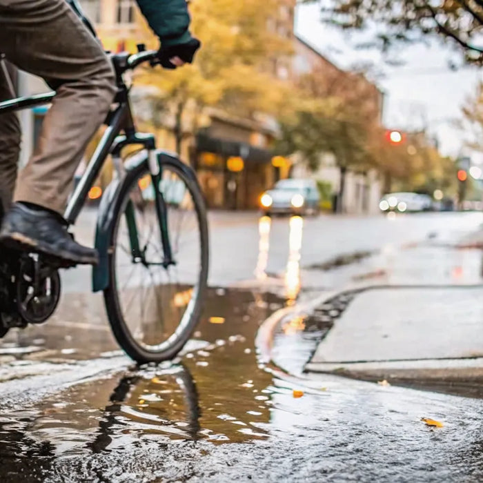 A person on a weather-resistant e-bike riding through puddles on a wet city street.