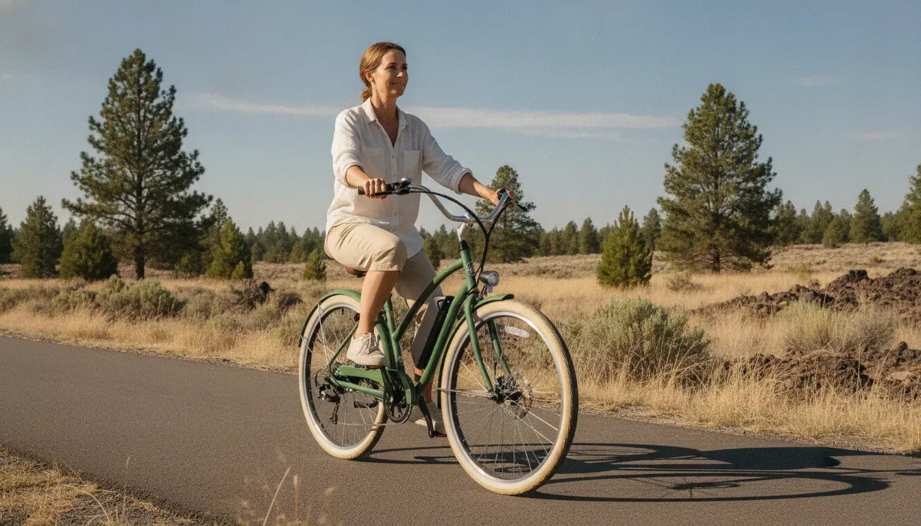 Adult rider enjoying a comfortable cruiser ebike for sale on a paved Central Oregon trail