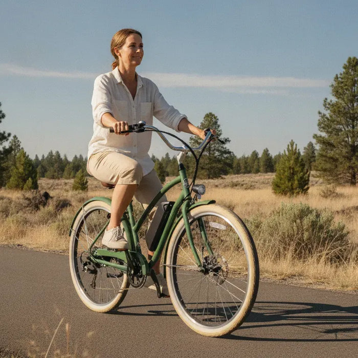 Adult rider enjoying a comfortable cruiser ebike for sale on a paved Central Oregon trail