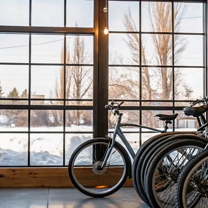 A row of cruiser electric bikes for sale in a Bend, Oregon bike shop.