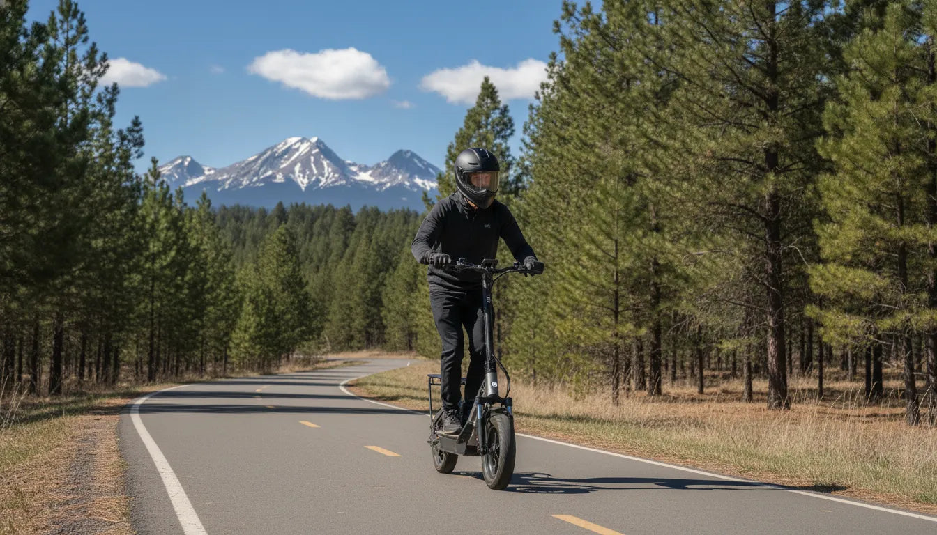 Helmeted adult riding an electric scooter on a Bend Oregon path