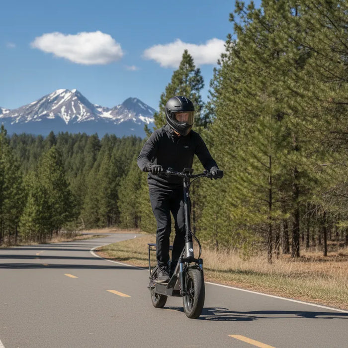 Helmeted adult riding an electric scooter on a Bend Oregon path