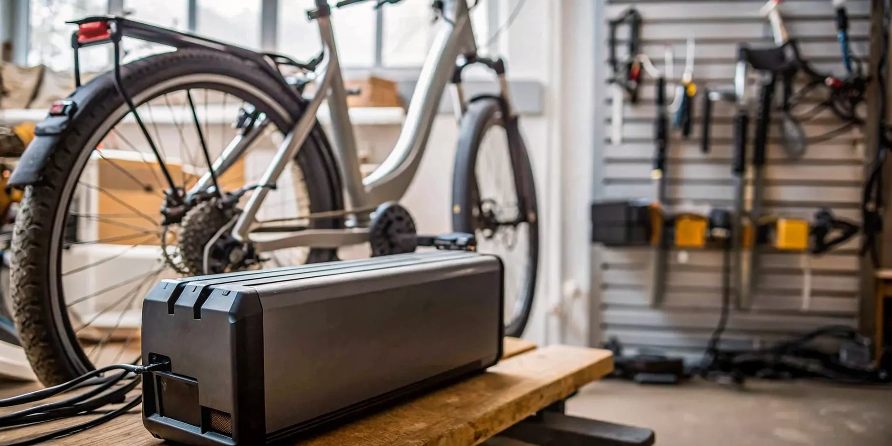E-bike battery pack on a workbench beside an electric bicycle in a Bend bike shop