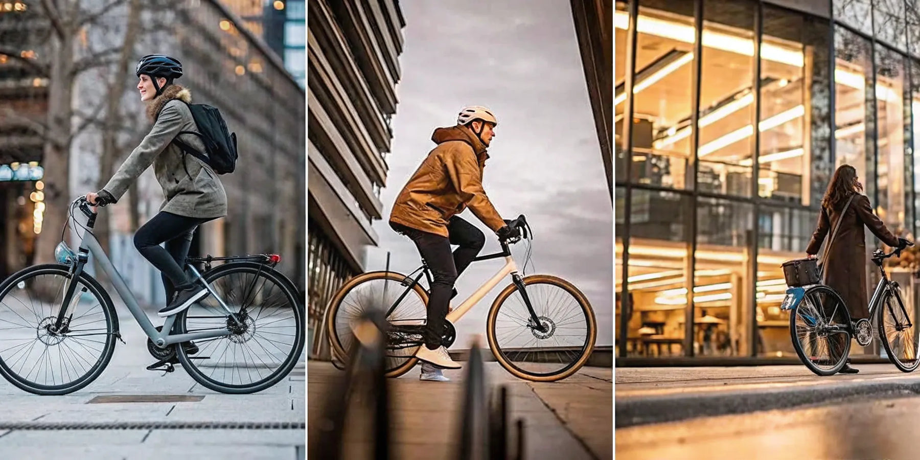 A comparison of Class 1, Class 2, and Class 3 e-bikes being ridden by commuters in an urban setting.