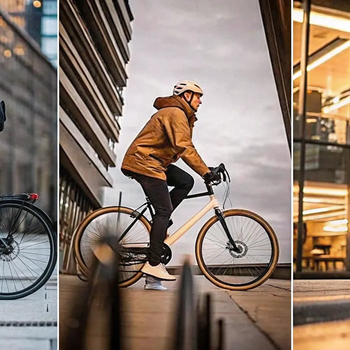 A comparison of Class 1, Class 2, and Class 3 e-bikes being ridden by commuters in an urban setting.