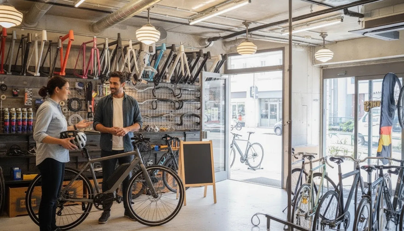 Rider trying an electric bike at a showroom before deciding to rent or buy