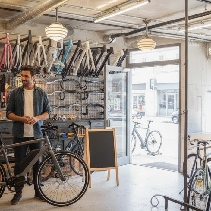 Rider trying an electric bike at a showroom before deciding to rent or buy