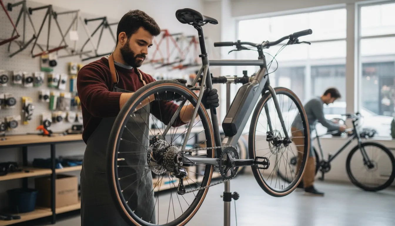 Technician inspecting an electric bike brake and chain on a repair stand