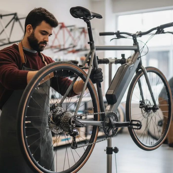 Technician inspecting an electric bike brake and chain on a repair stand