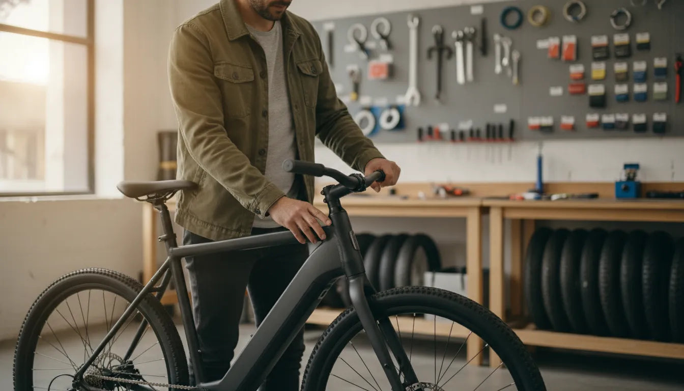 Rider standing beside an electric bike with both feet off the pedals, preparing the bike for torque sensor calibration before startup