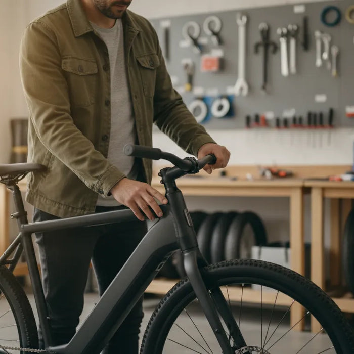 Rider standing beside an electric bike with both feet off the pedals, preparing the bike for torque sensor calibration before startup