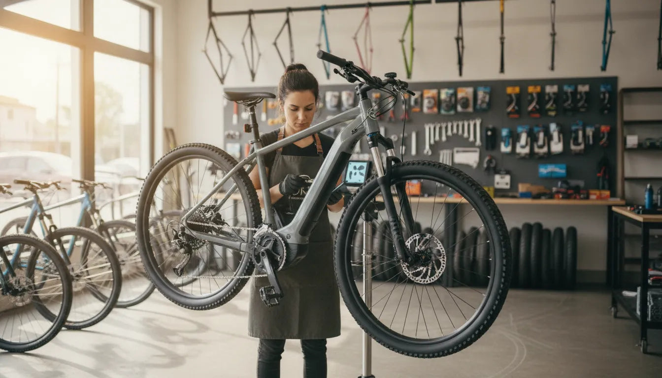 Technician inspecting an electric bike during a professional e bike tune up