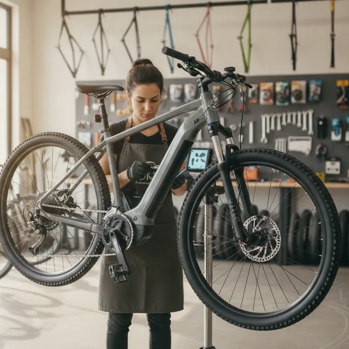 Technician inspecting an electric bike during a professional e bike tune up
