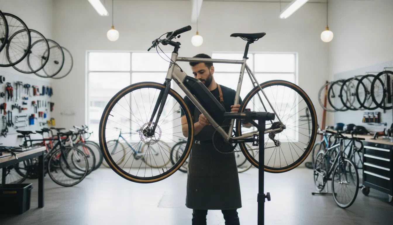 Technician inspecting an electric bike during a professional e bike tune up
