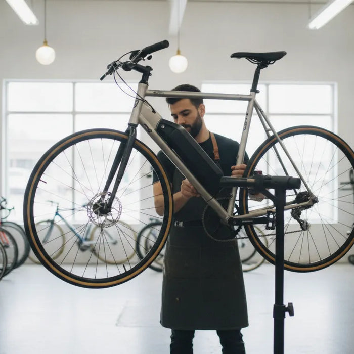 Technician inspecting an electric bike during a professional e bike tune up
