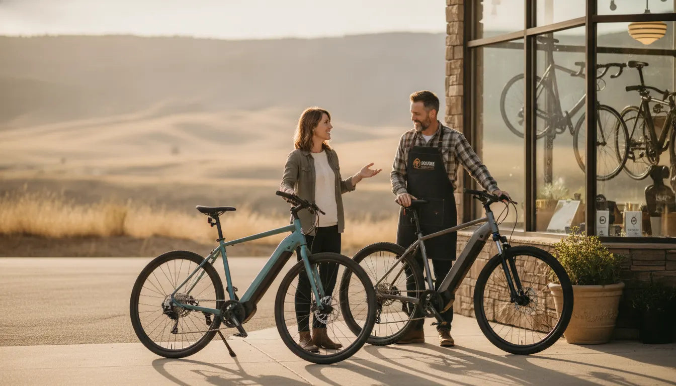 E-bikes for sale Central Oregon shoppers comparing bikes outside a Bend showroom