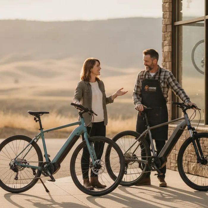 E-bikes for sale Central Oregon shoppers comparing bikes outside a Bend showroom