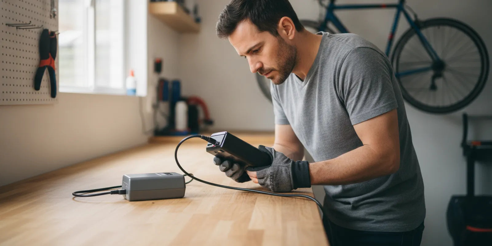Rider checking an electric bike battery and charger in a clear, ventilated home charging area