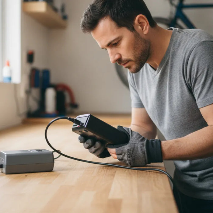 Rider checking an electric bike battery and charger in a clear, ventilated home charging area