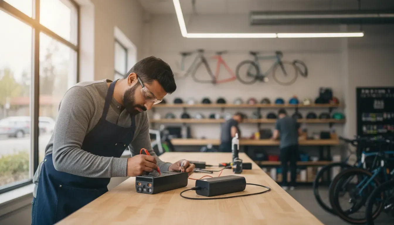 Electric bike battery and charger being inspected during an electric bike battery not charging diagnosis