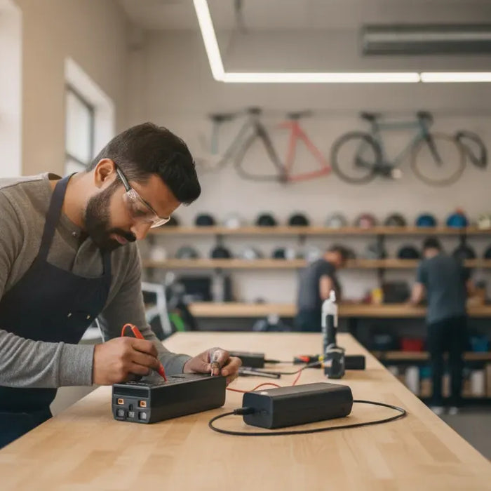 Electric bike battery and charger being inspected during an electric bike battery not charging diagnosis