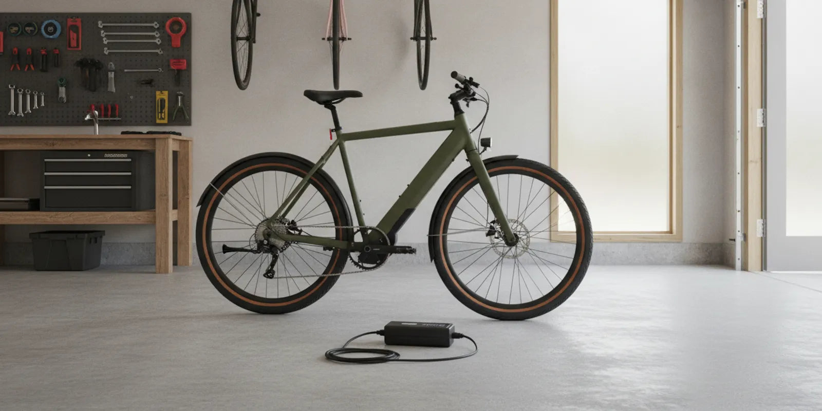 Electric bike battery and charger set up on a clear, dry surface in a home garage