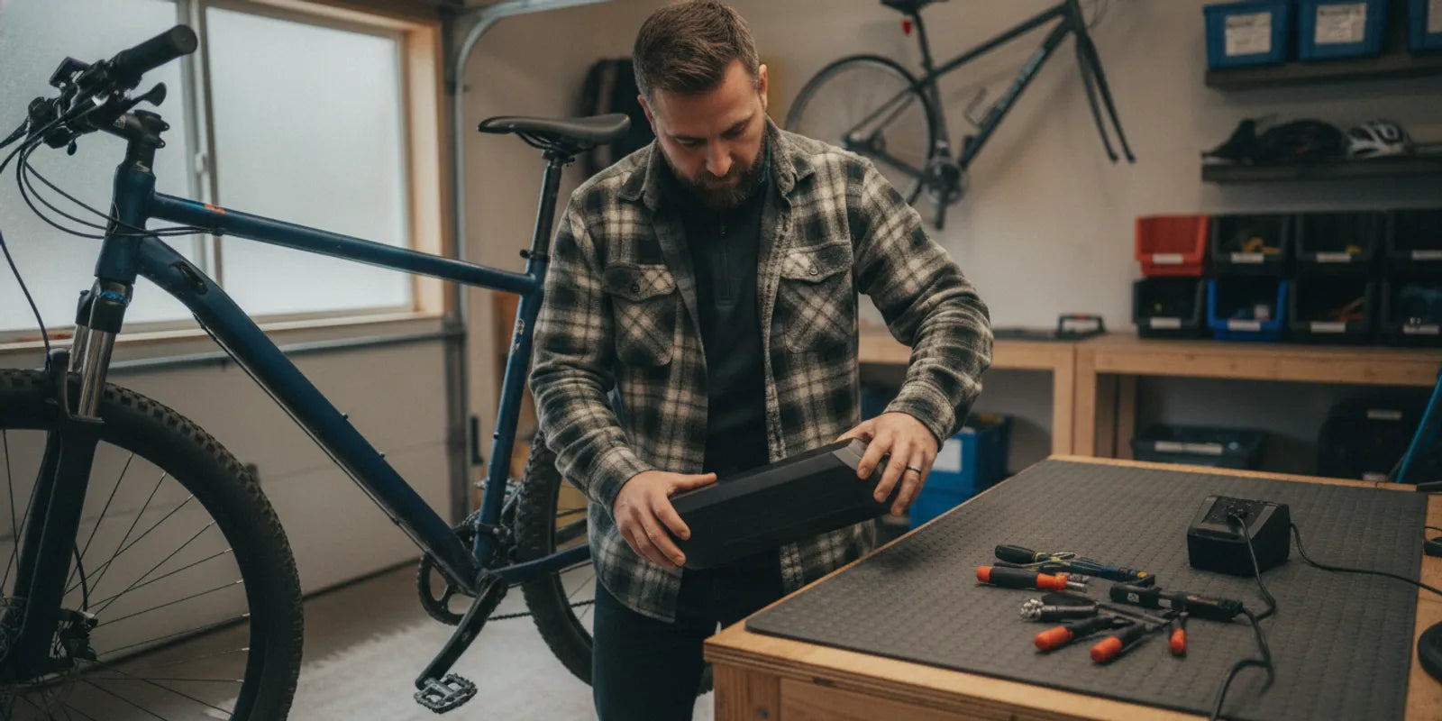 Electric bike battery stored indoors on a workbench during winter