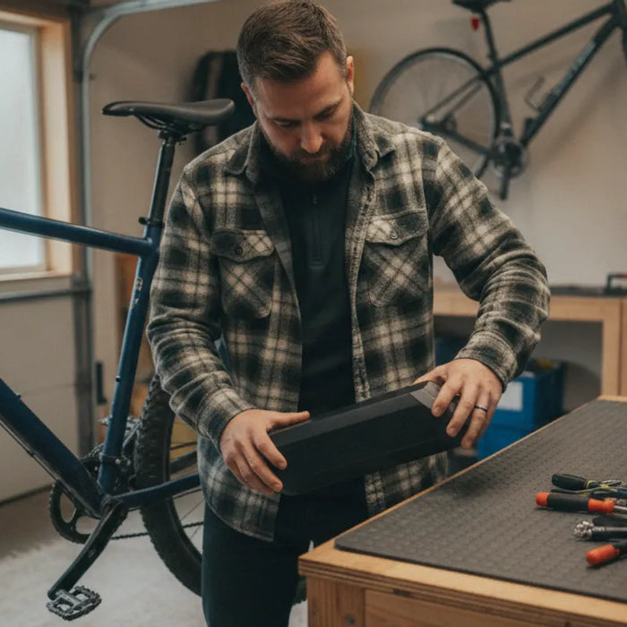 Electric bike battery stored indoors on a workbench during winter
