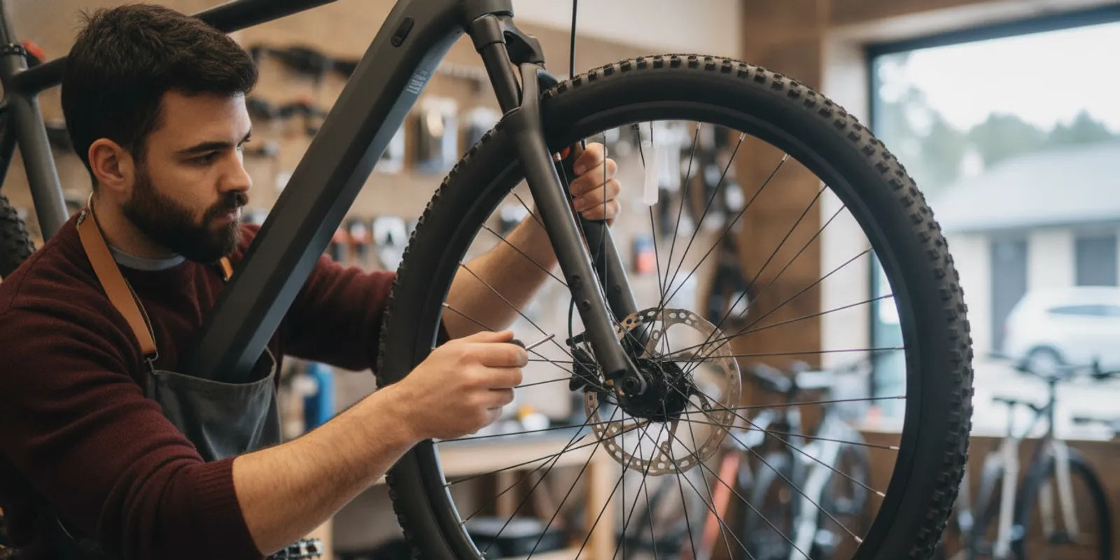 Technician inspecting the disc brake on an electric bike