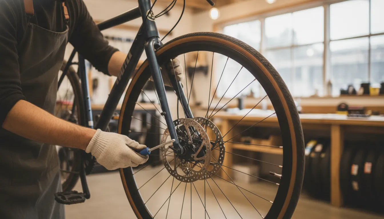 Mechanic inspecting an electric bike disc brake during brake pad replacement service