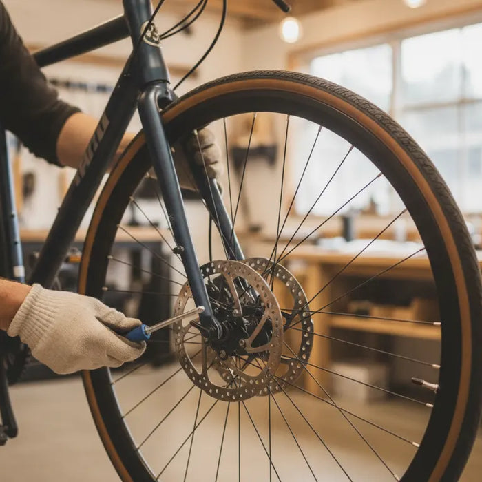 Mechanic inspecting an electric bike disc brake during brake pad replacement service