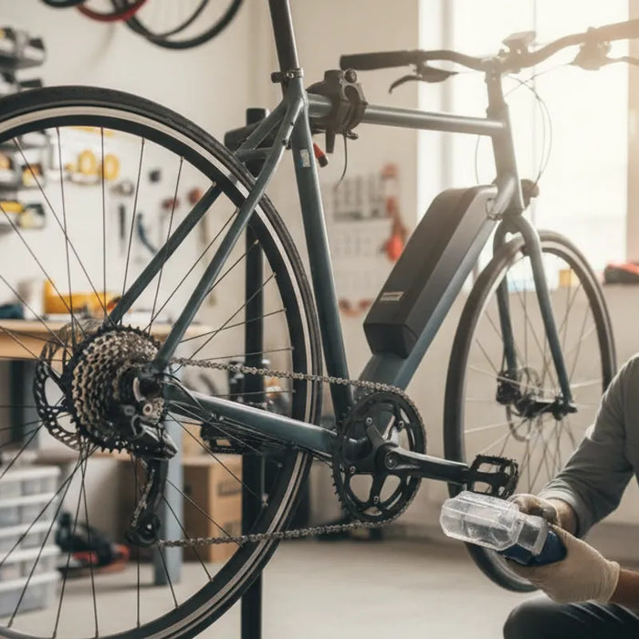 Rider cleaning an electric bike chain beside a trail