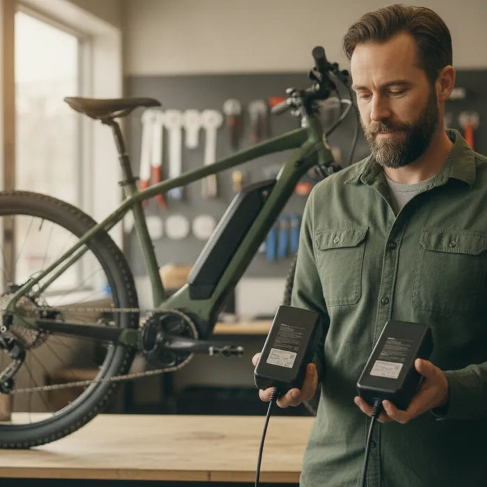 E-bike owner comparing replacement chargers in a service workshop