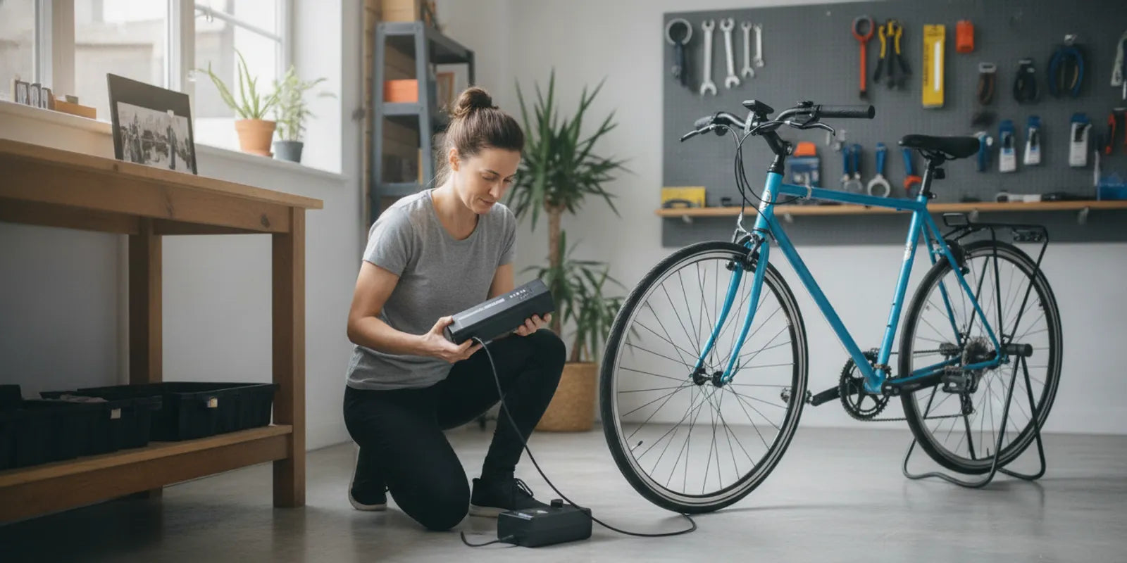 Rider checking an electric bike charger and battery before a ride