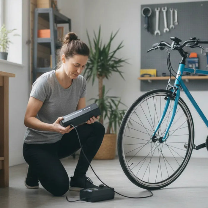Rider checking an electric bike charger and battery before a ride