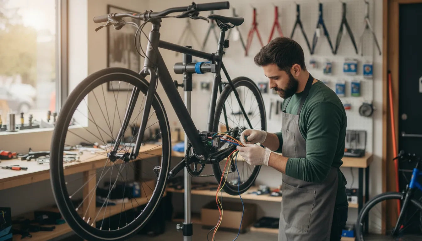 Technician inspecting an electric bike controller and wiring