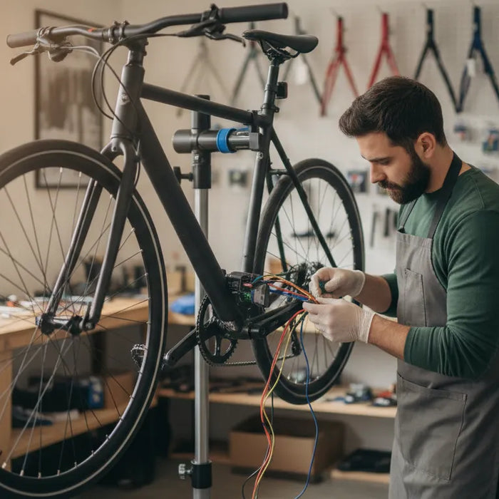 Technician inspecting an electric bike controller and wiring