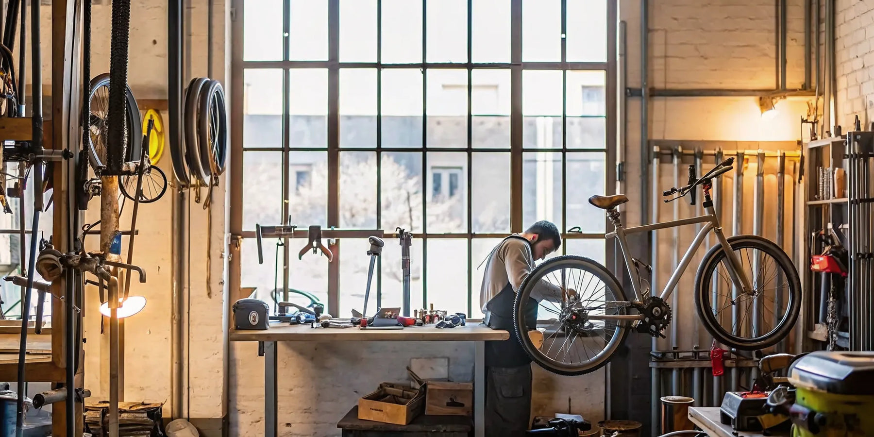 Technician installing an electric bike conversion kit in a workshop