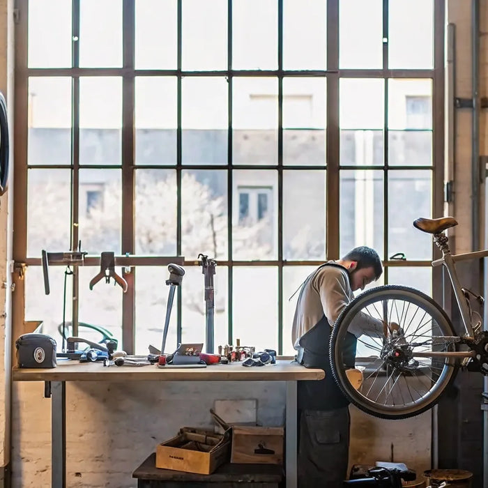 Technician installing an electric bike conversion kit in a workshop