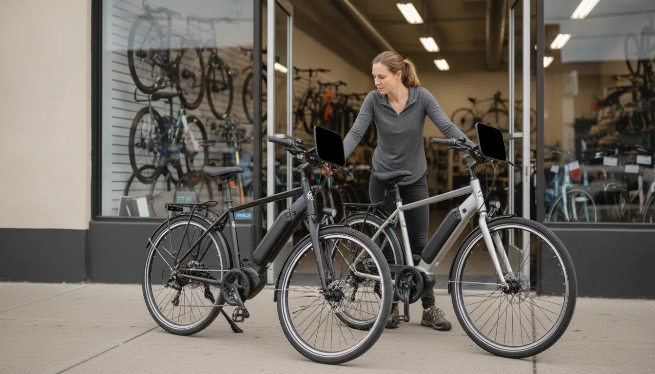 Shopper comparing electric bikes at a Bend showroom