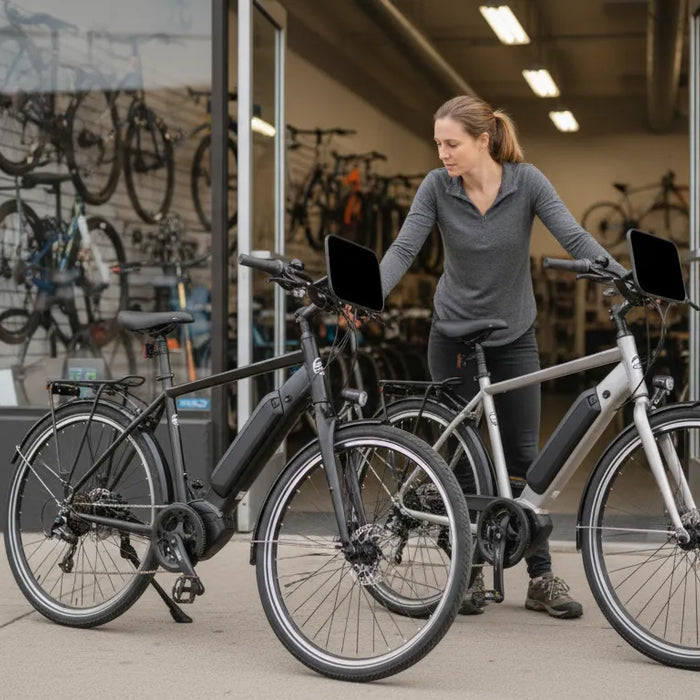 Shopper comparing electric bikes at a Bend showroom