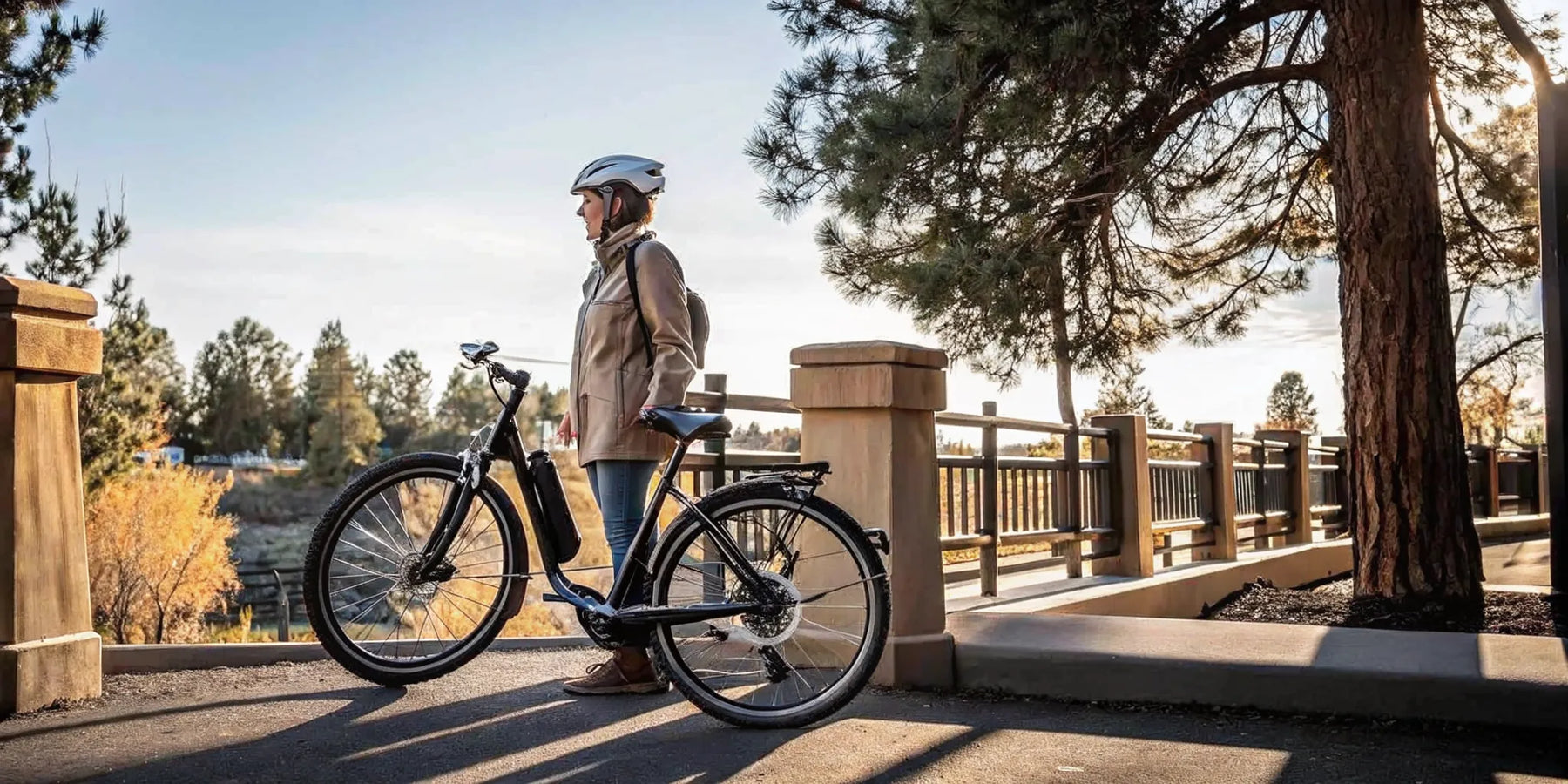 Senior test riding an electric bike for seniors on a paved trail near Bend, Oregon