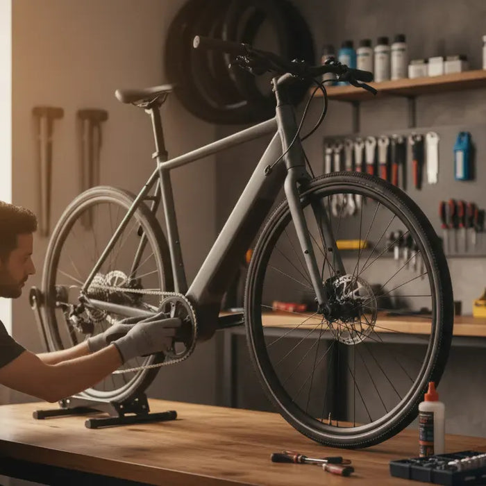 Electric bike maintenance checklist scene with a rider checking a bike in a home workshop