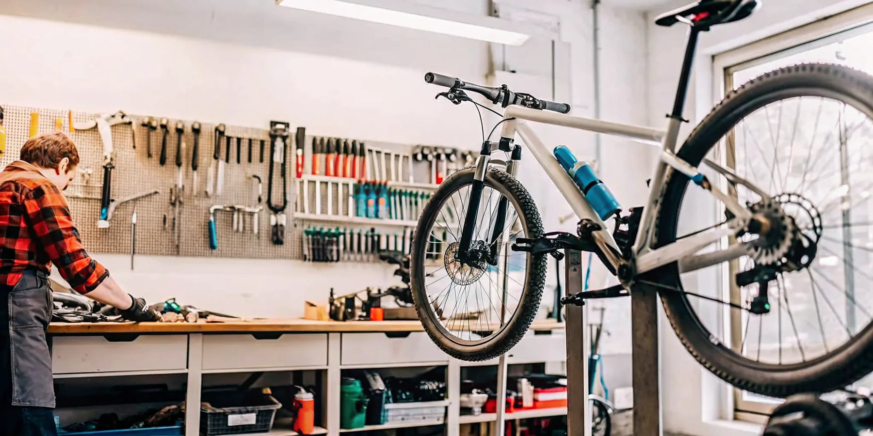 Technician performing electric bike maintenance on a repair stand in a bright bike shop