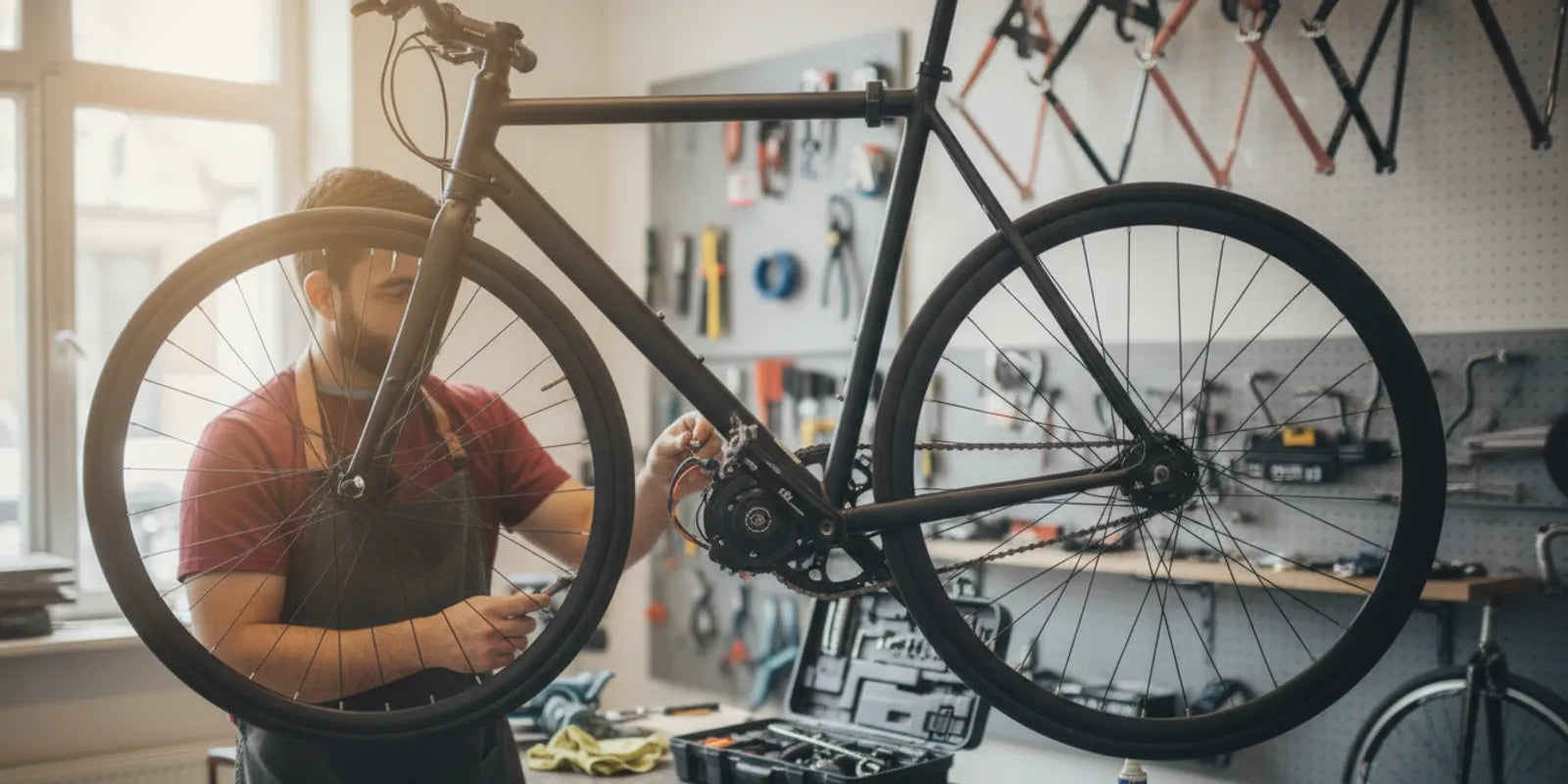 Technician inspecting an electric bike motor in a workshop