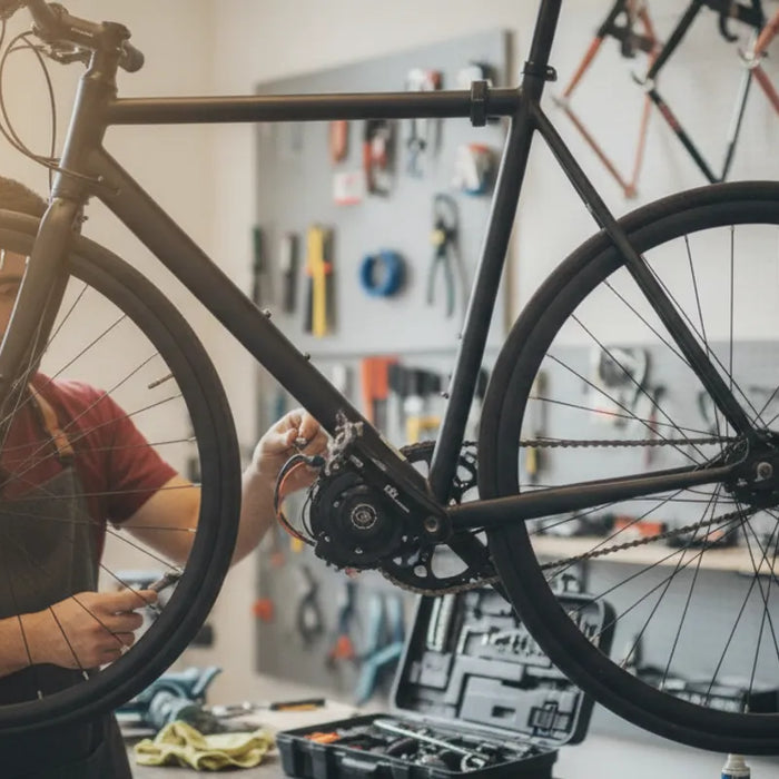 Technician inspecting an electric bike motor in a workshop