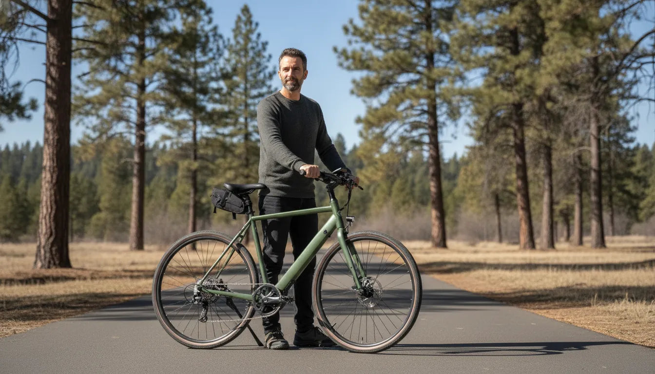 Rider checking bags on a commuter electric bike before a Bend ride