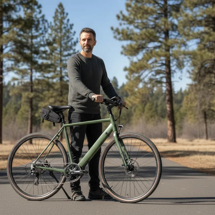 Rider checking bags on a commuter electric bike before a Bend ride