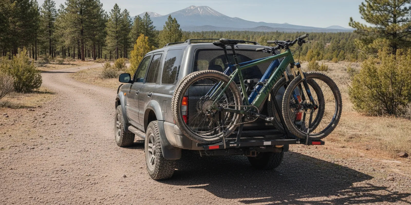 Electric bike mounted securely on a hitch rack behind an SUV